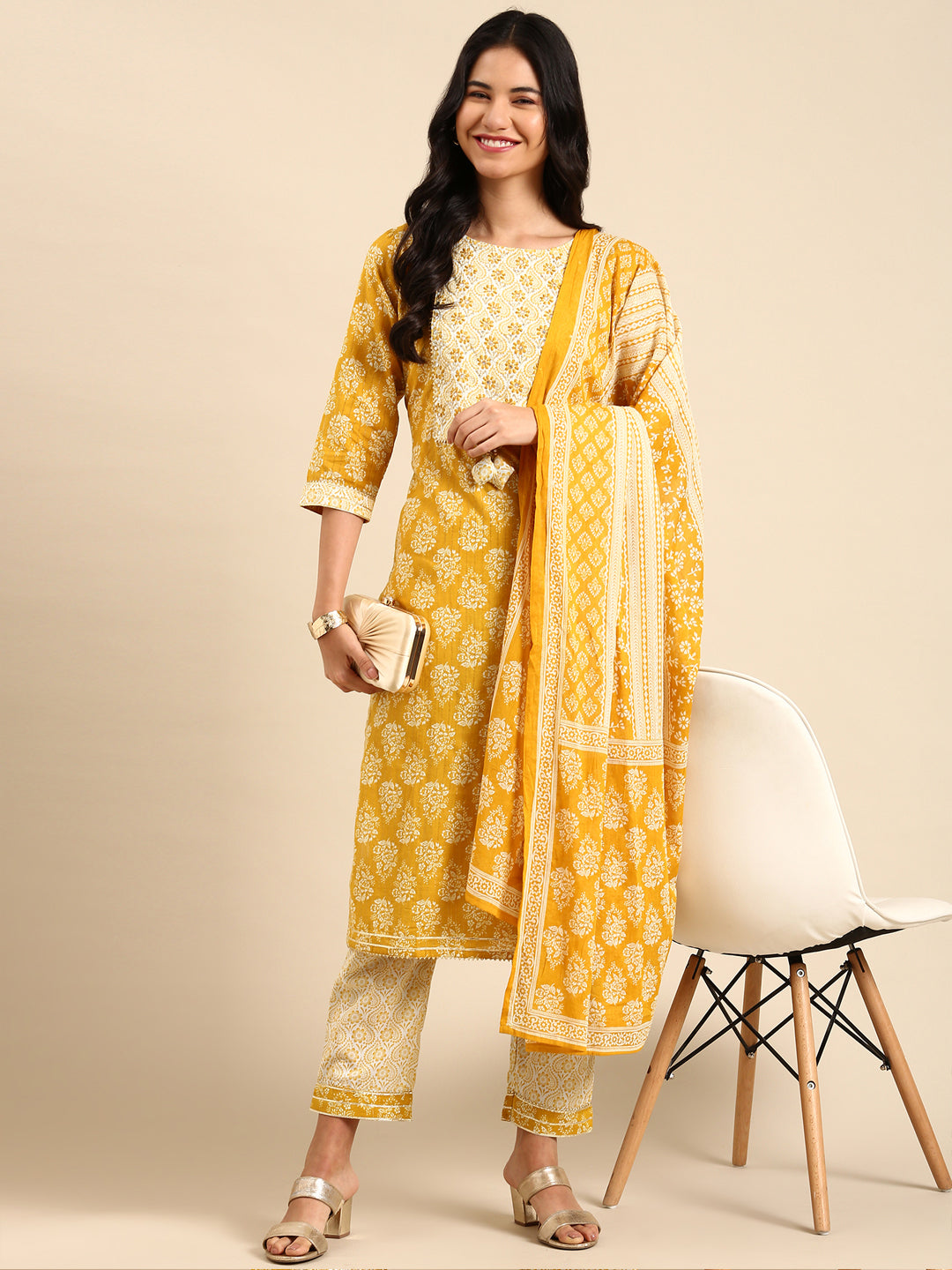 Women Graphic Yellow Straight Kurta Set with Dupatta