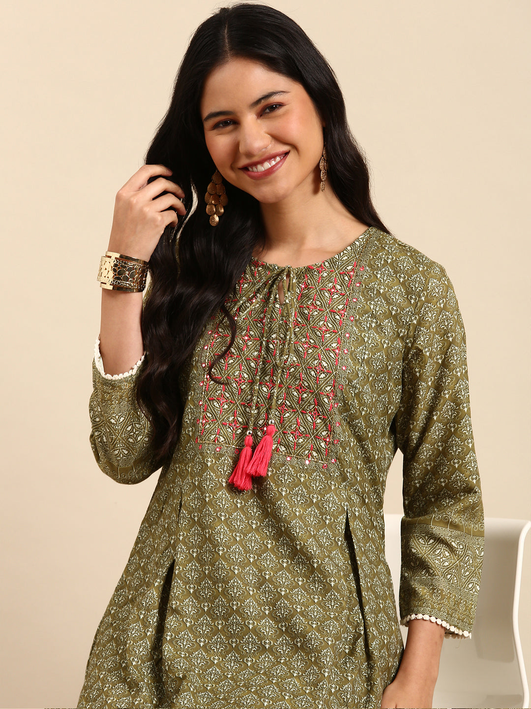 Women Graphic Olive A-Line Kurta Set