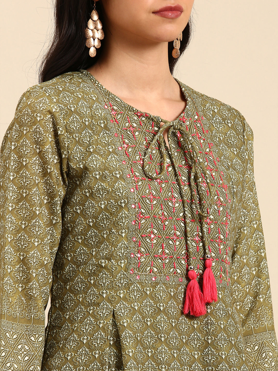 Women Graphic Olive A-Line Kurta Set