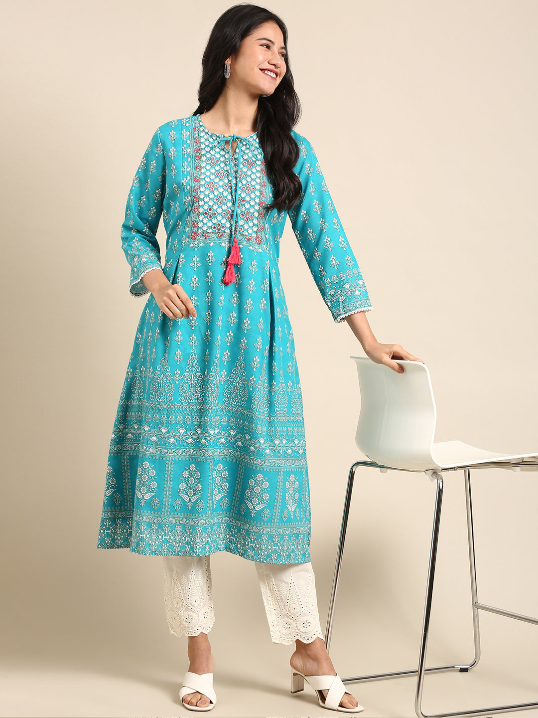 Women Graphic Blue A-Line Kurta Set