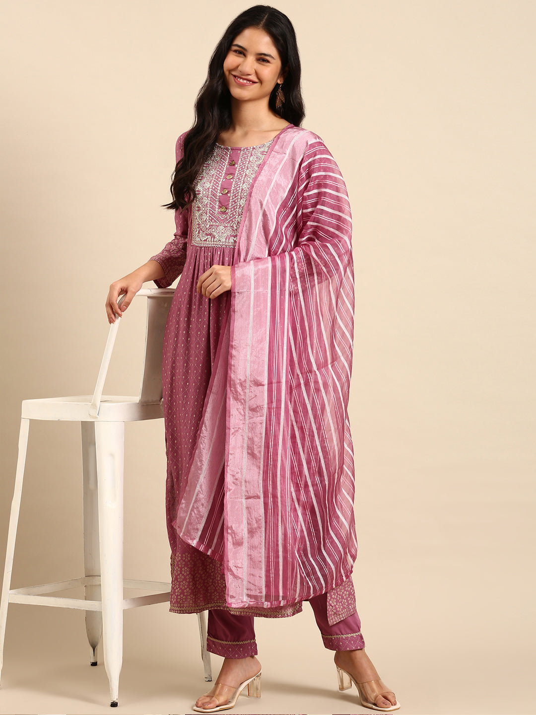 Women Geometric Purple Anarkali Kurta Set with Dupatta