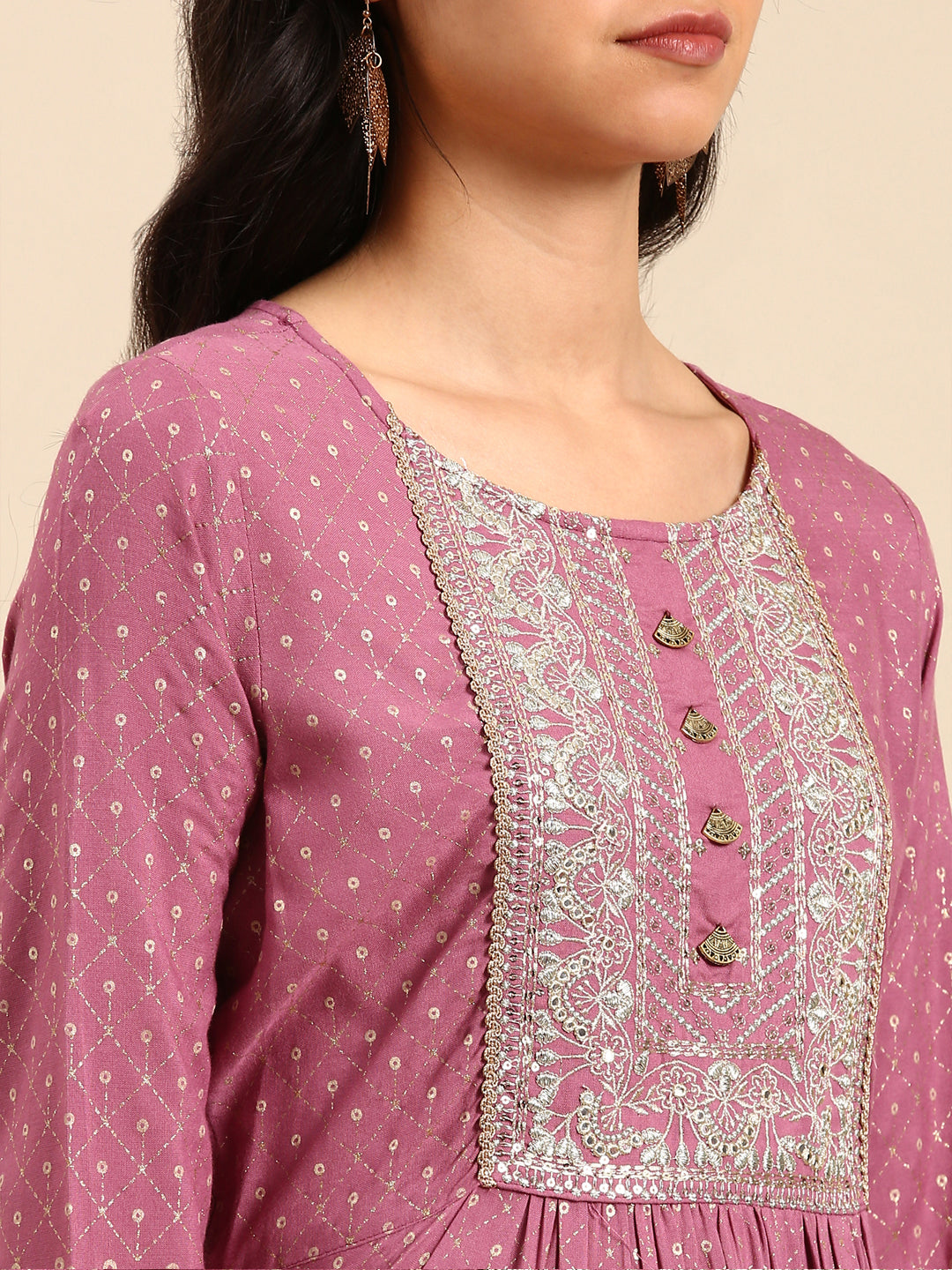 Women Geometric Purple Anarkali Kurta Set with Dupatta