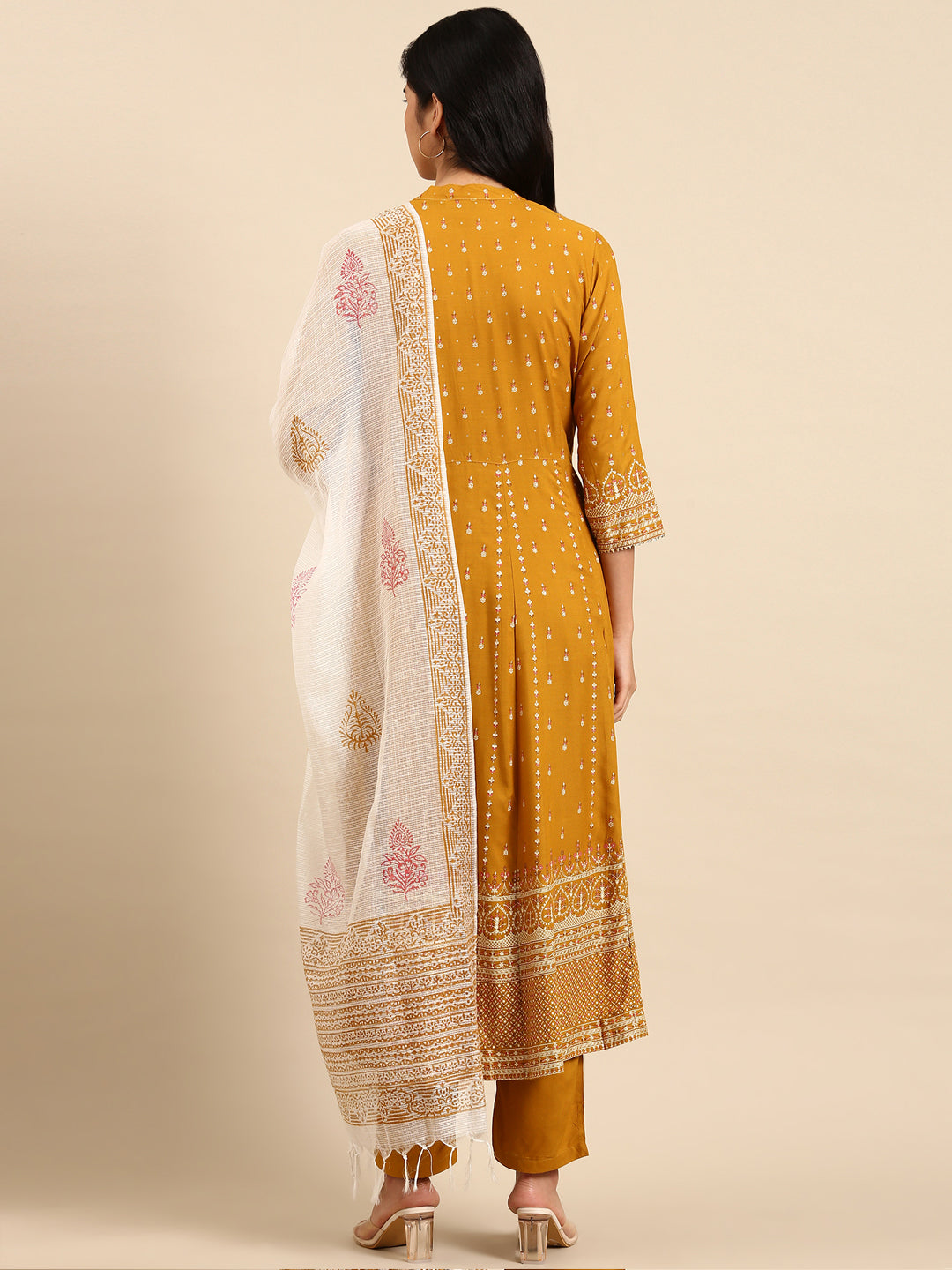 Women Graphic Mustard A-Line Kurta Set with Dupatta