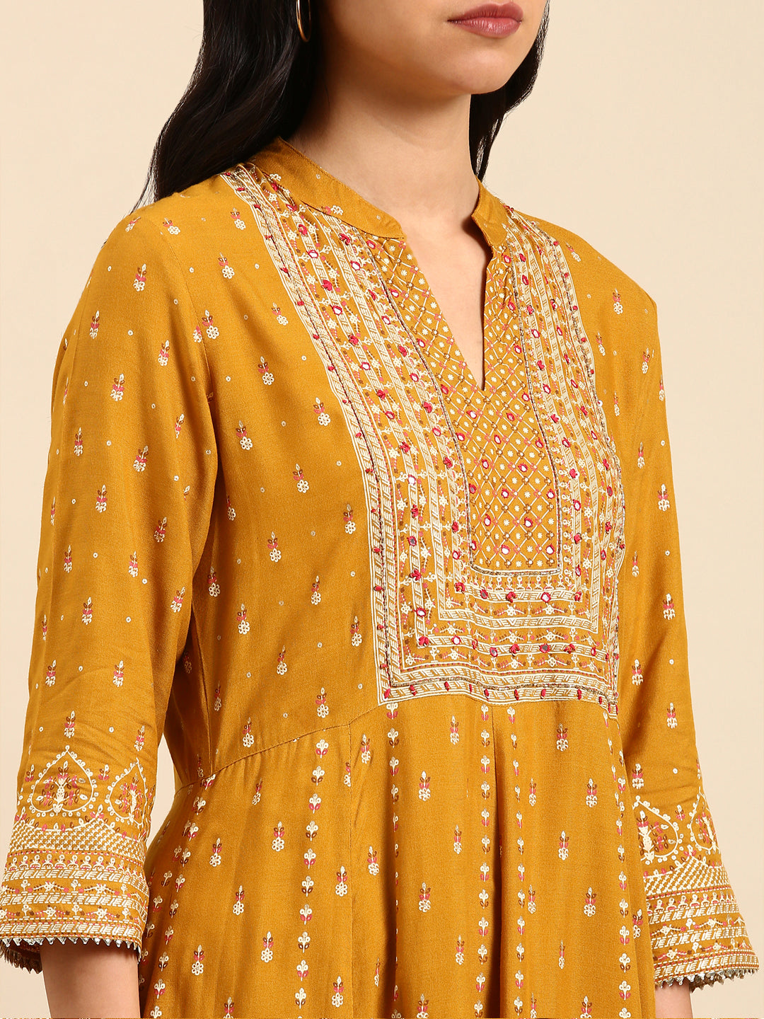 Women Graphic Mustard A-Line Kurta Set with Dupatta