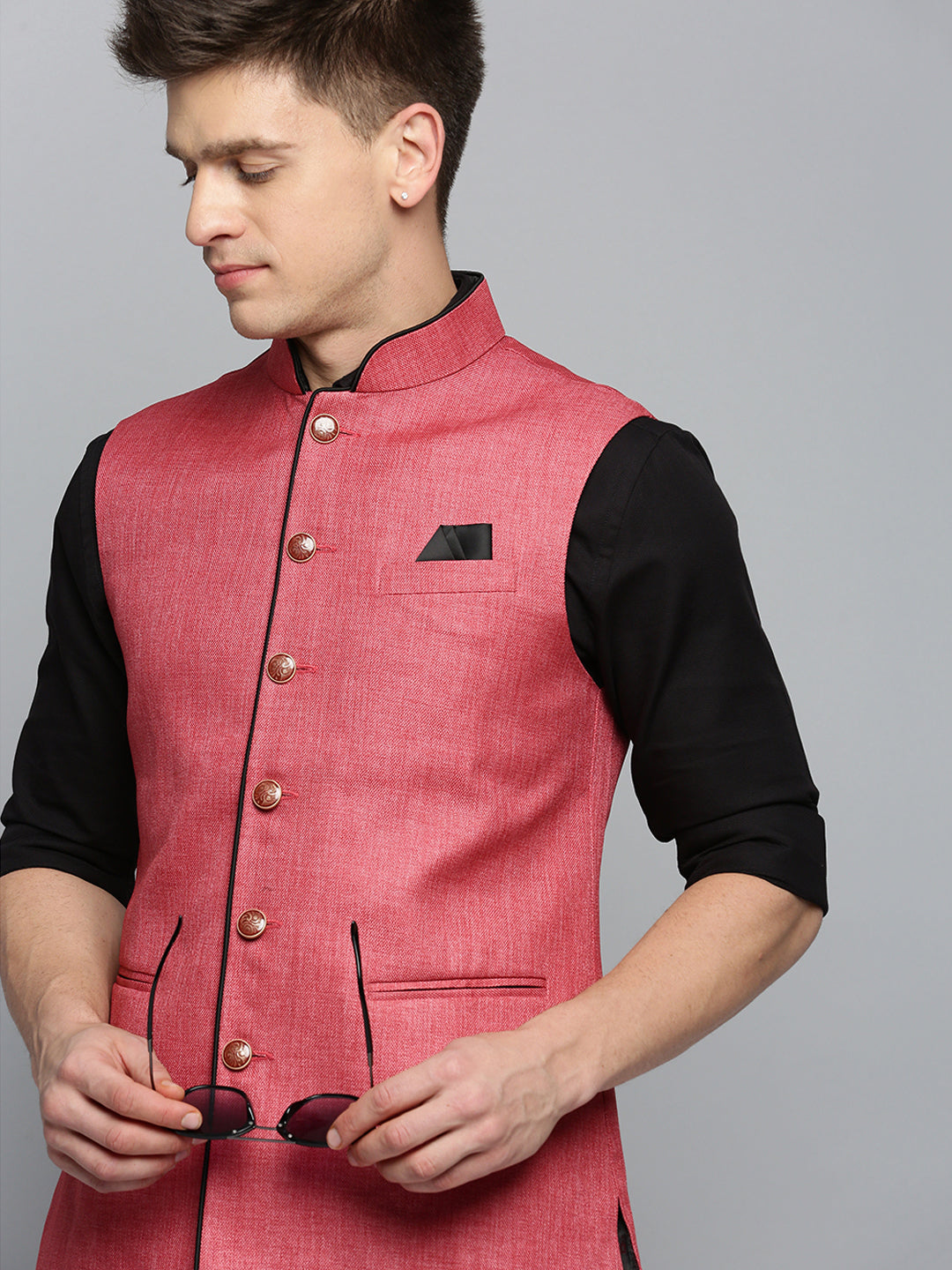 Men Mandarin Collar Solid Coral Nehru Jacket