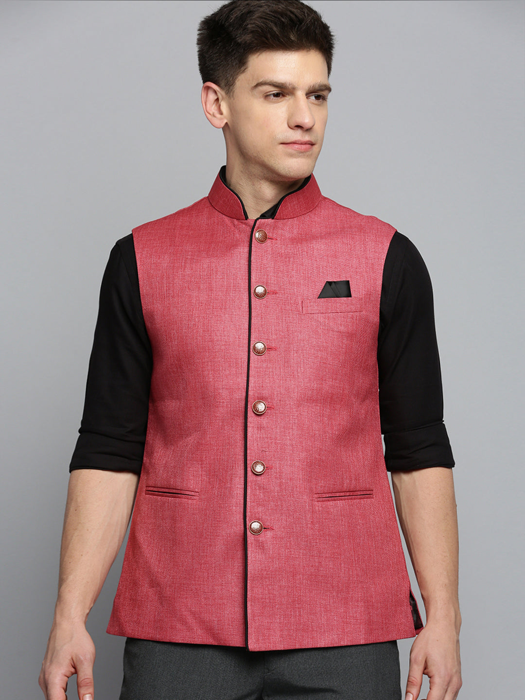 Men Mandarin Collar Solid Coral Nehru Jacket