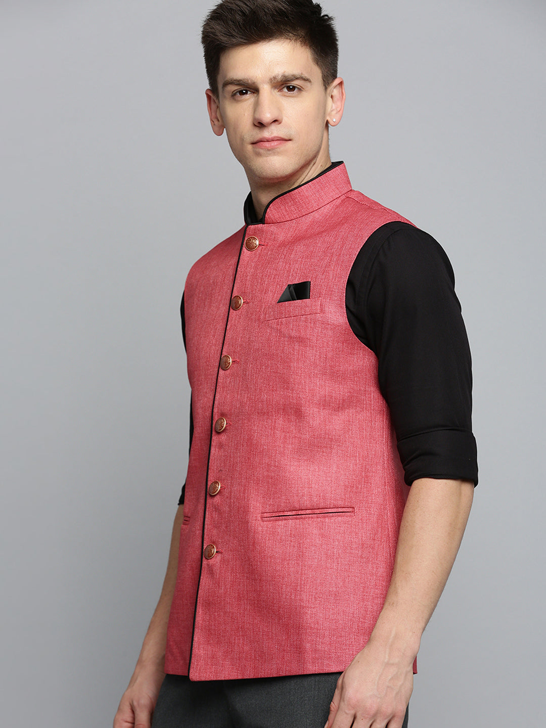 Men Mandarin Collar Solid Coral Nehru Jacket