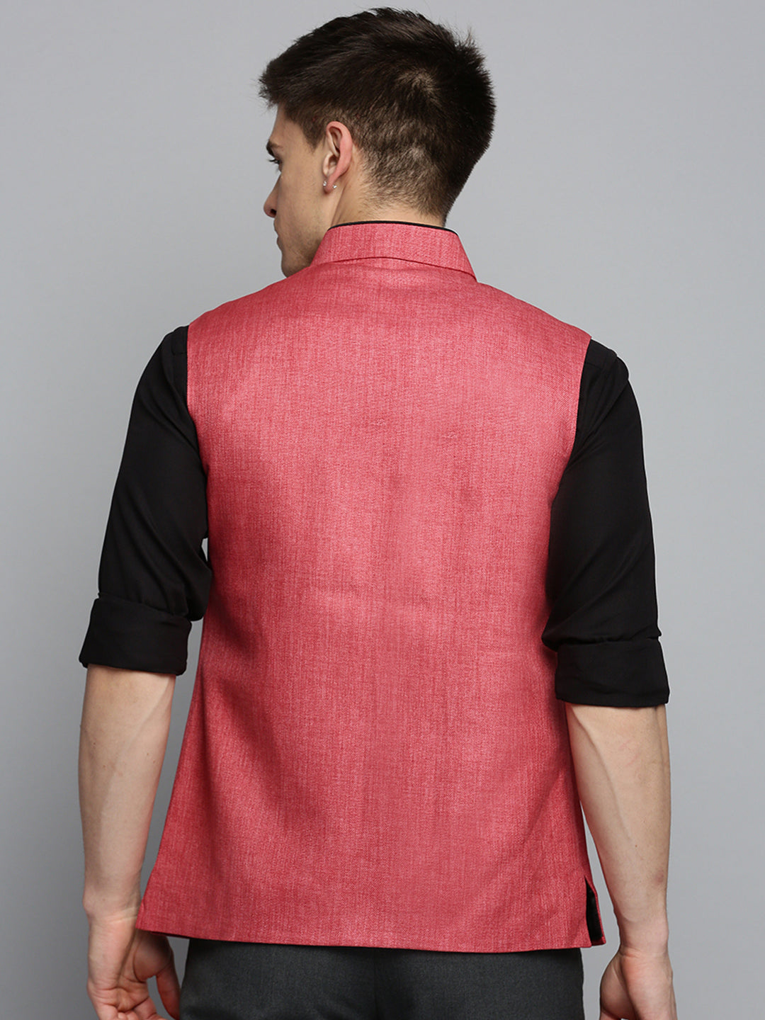 Men Mandarin Collar Solid Coral Nehru Jacket