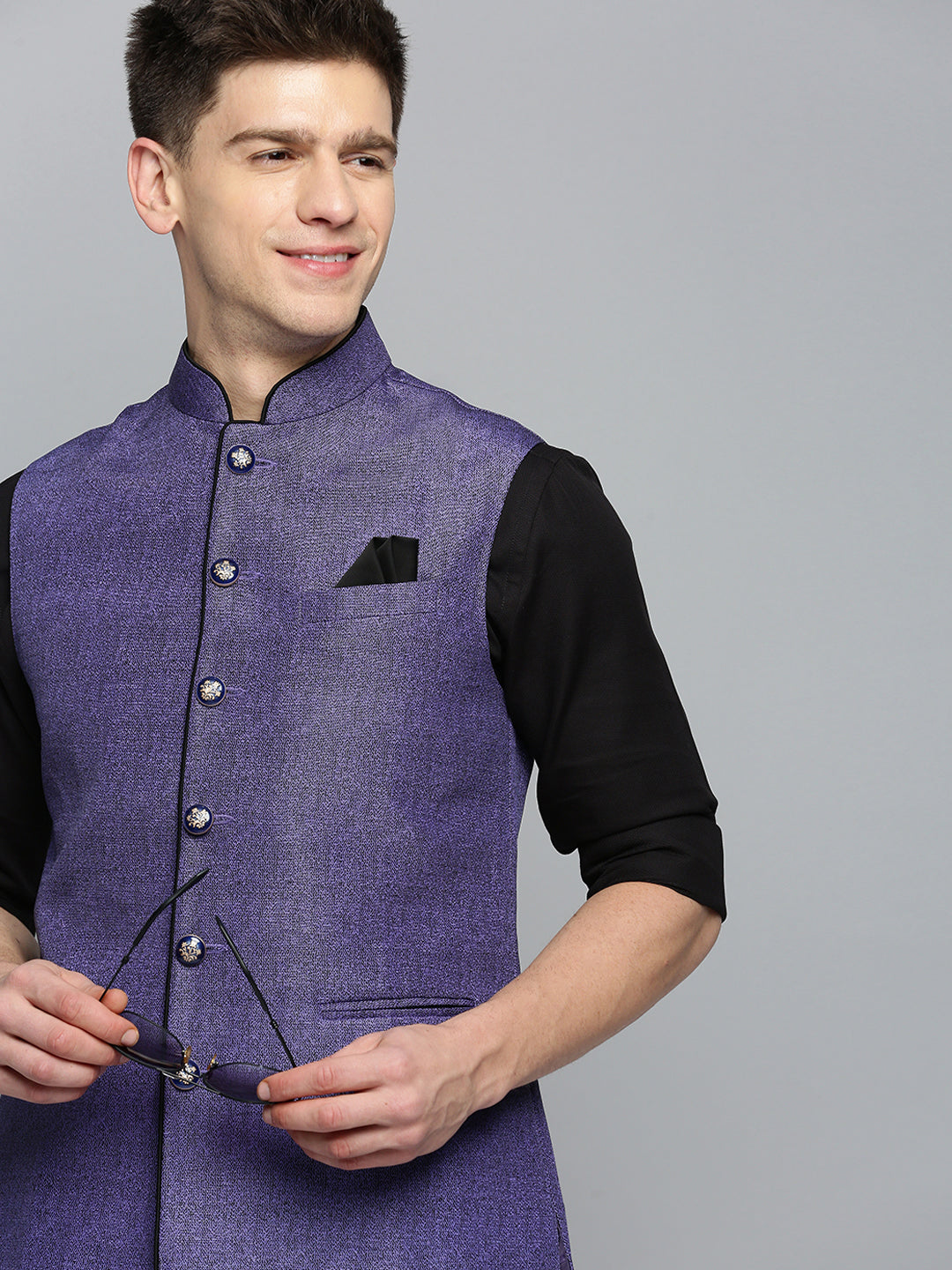 Men Mandarin Collar Solid Blue Nehru Jacket