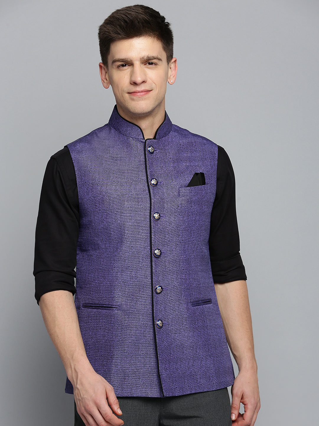 Men Mandarin Collar Solid Blue Nehru Jacket