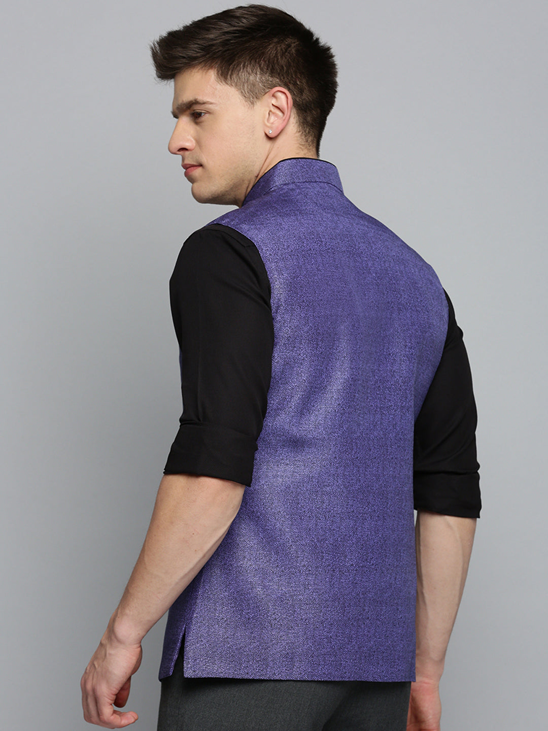 Men Mandarin Collar Solid Blue Nehru Jacket