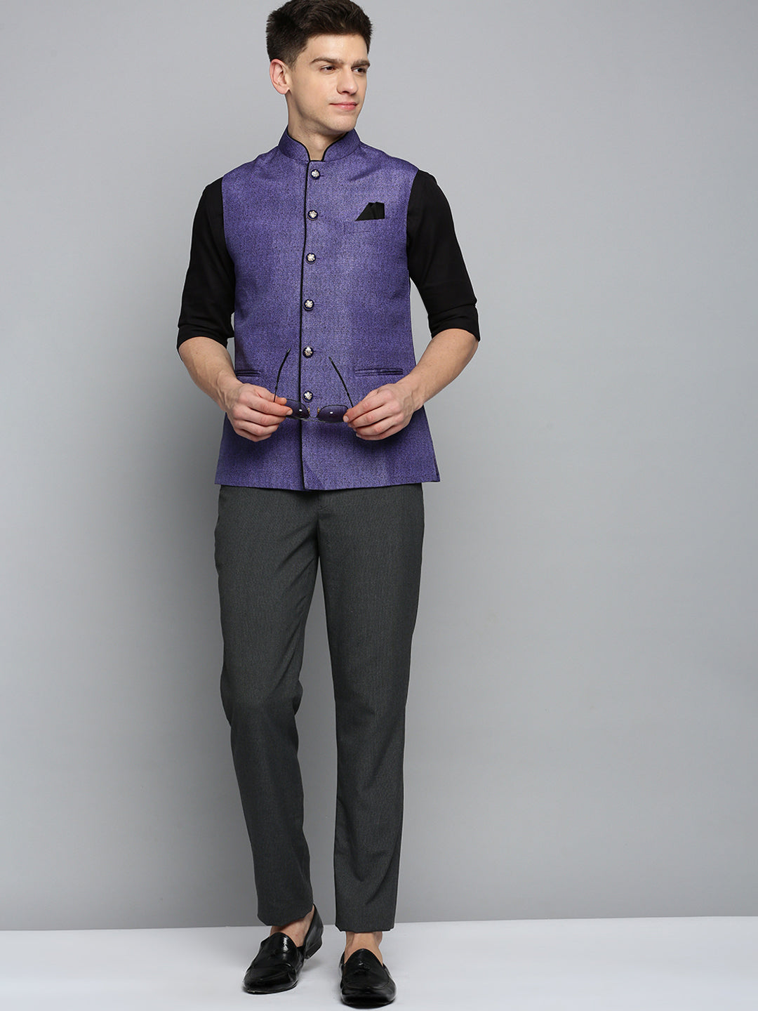 Men Mandarin Collar Solid Blue Nehru Jacket