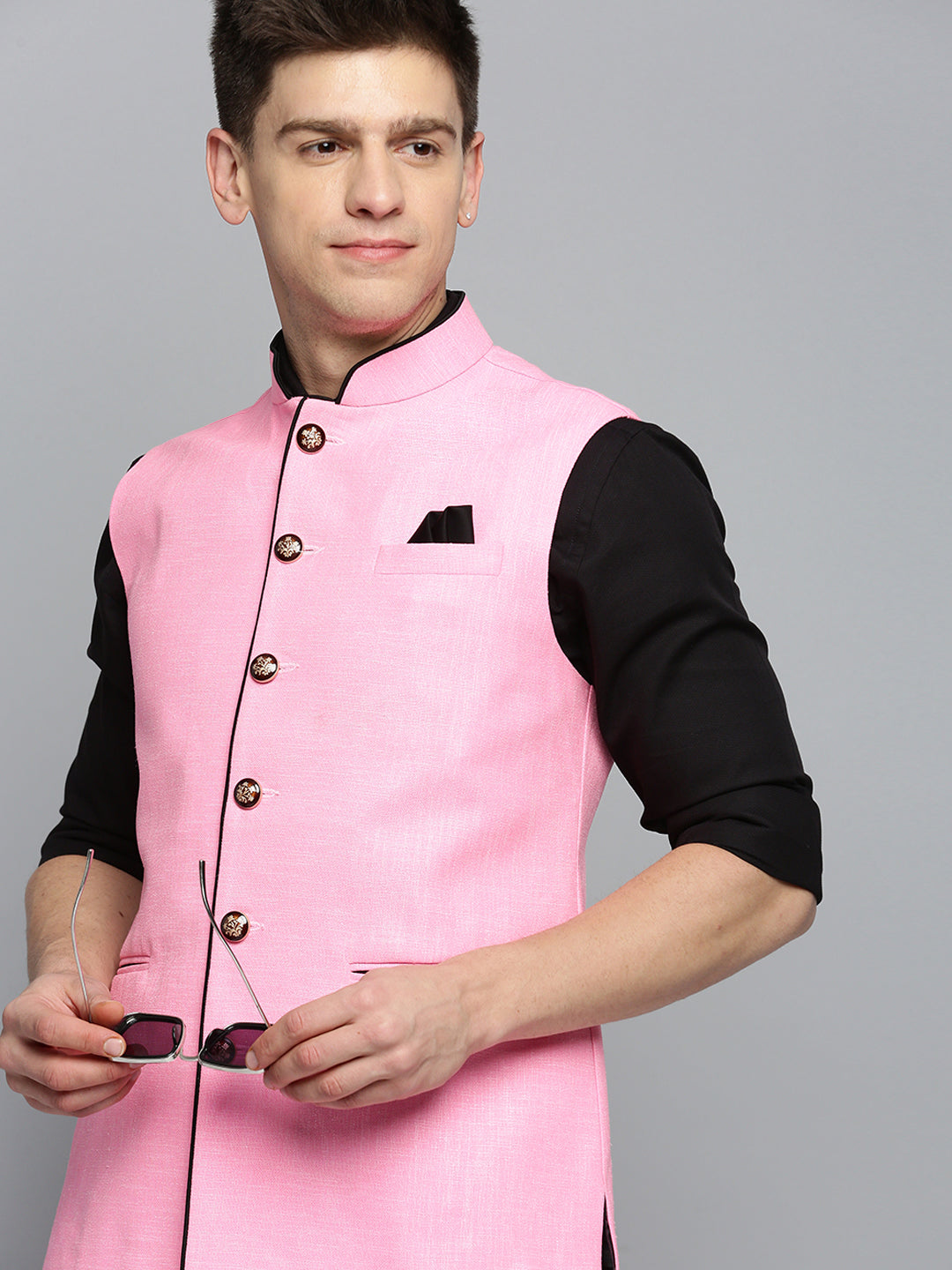 Men Mandarin Collar Solid Fuchsia Nehru Jacket