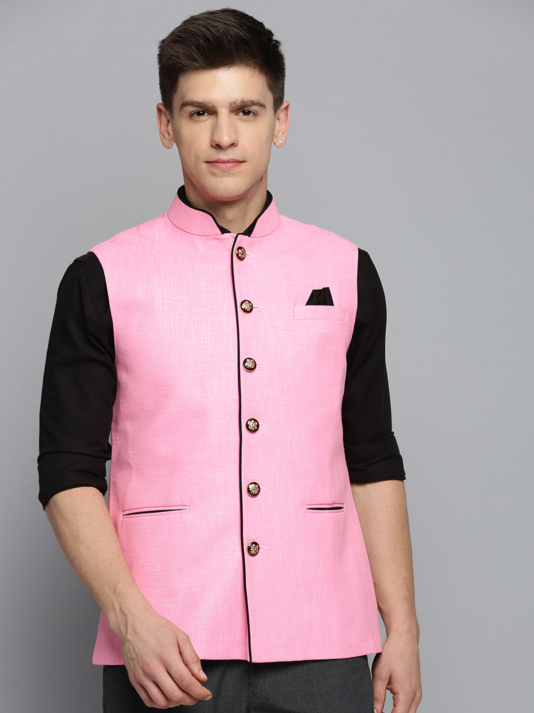 Men Mandarin Collar Solid Fuchsia Nehru Jacket