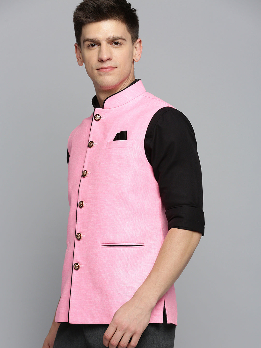 Men Mandarin Collar Solid Fuchsia Nehru Jacket