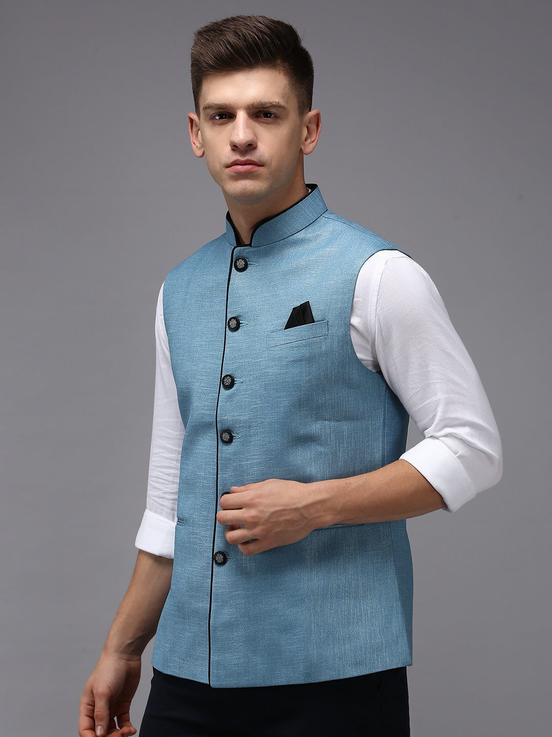 Men's Mandarin Collar Blue Solid Nehru Jacket