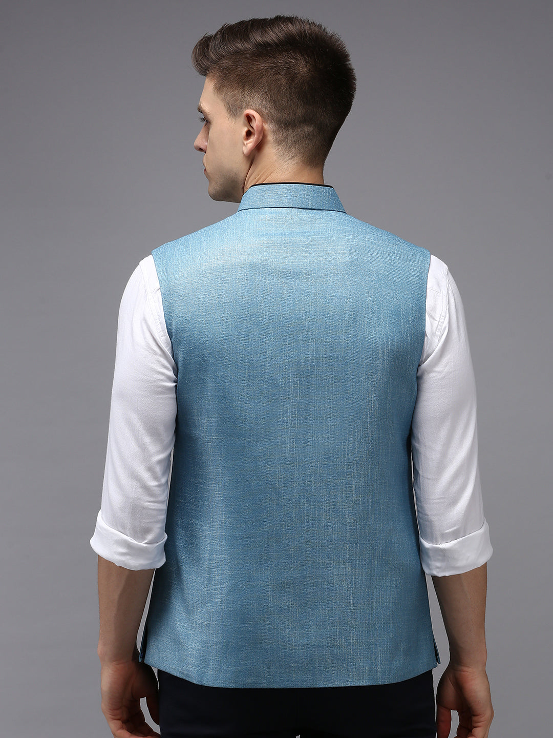 Men's Mandarin Collar Blue Solid Nehru Jacket