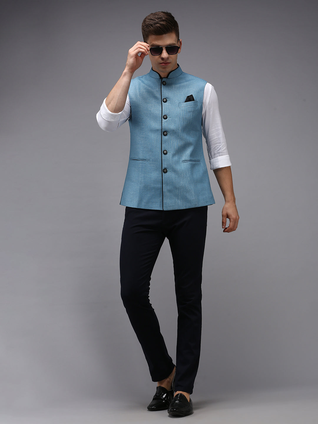 Men's Mandarin Collar Blue Solid Nehru Jacket