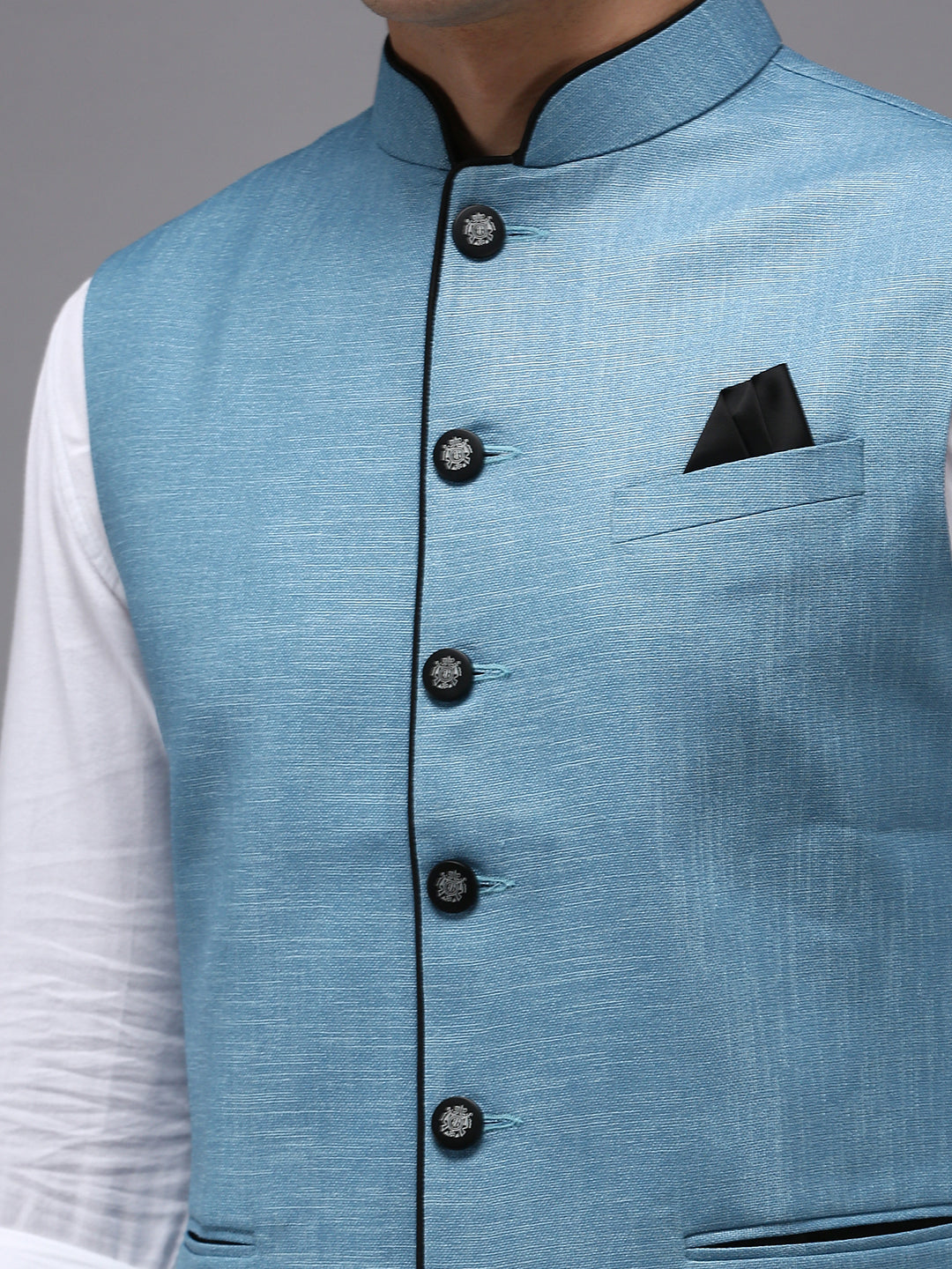 Men's Mandarin Collar Blue Solid Nehru Jacket