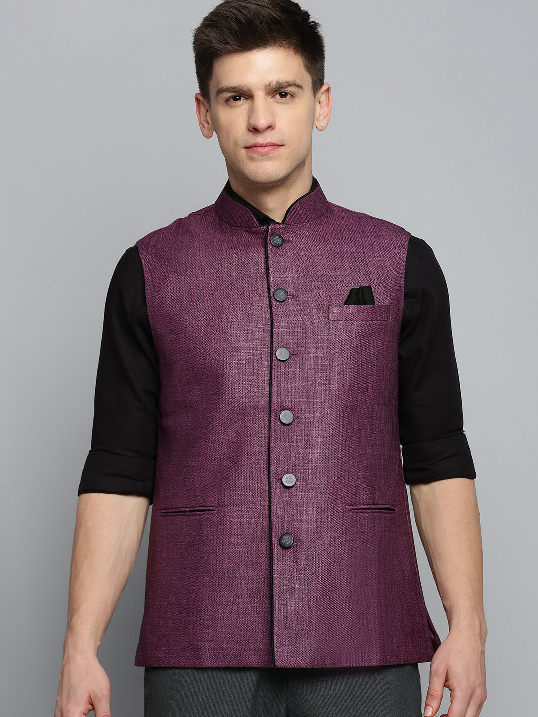 Men Mandarin Collar Solid Purple Nehru Jacket