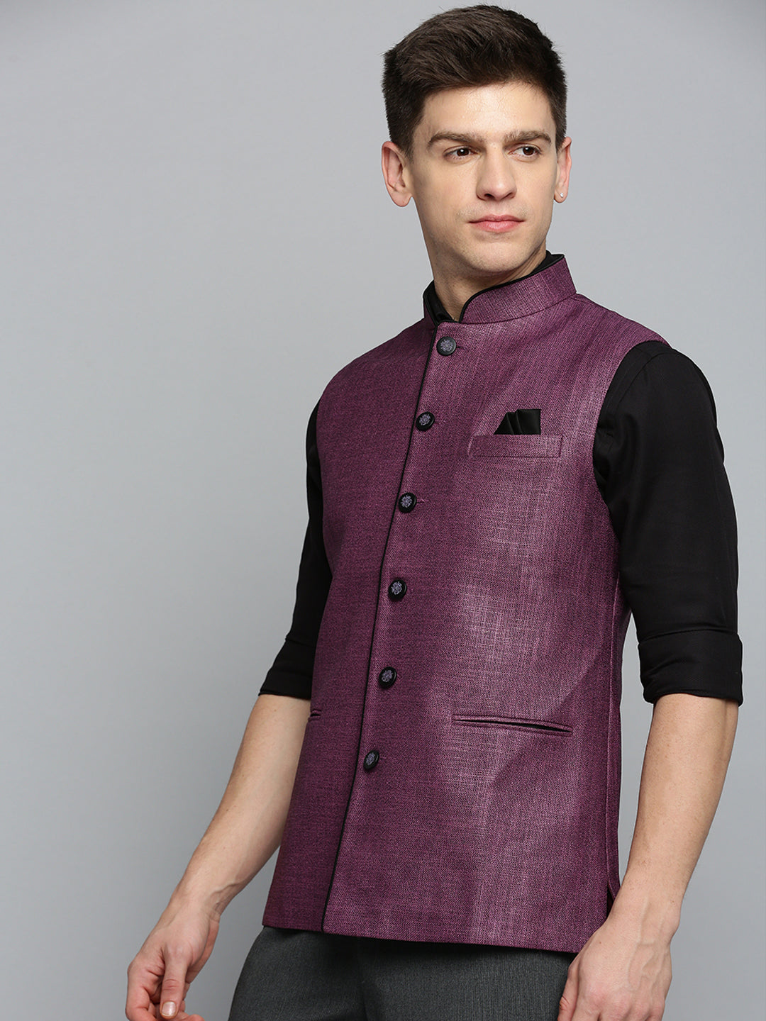 Men Mandarin Collar Solid Purple Nehru Jacket