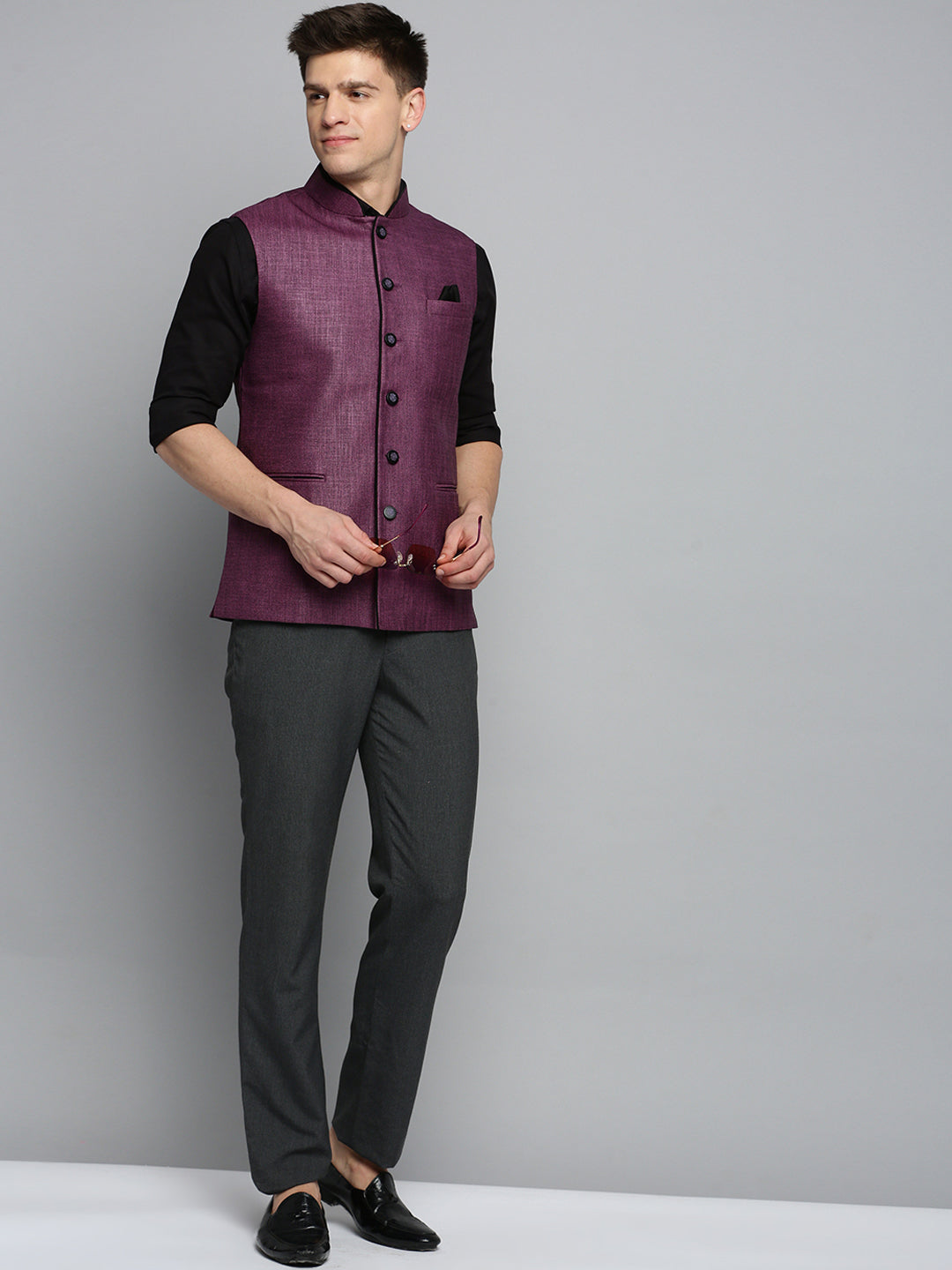 Men Mandarin Collar Solid Purple Nehru Jacket