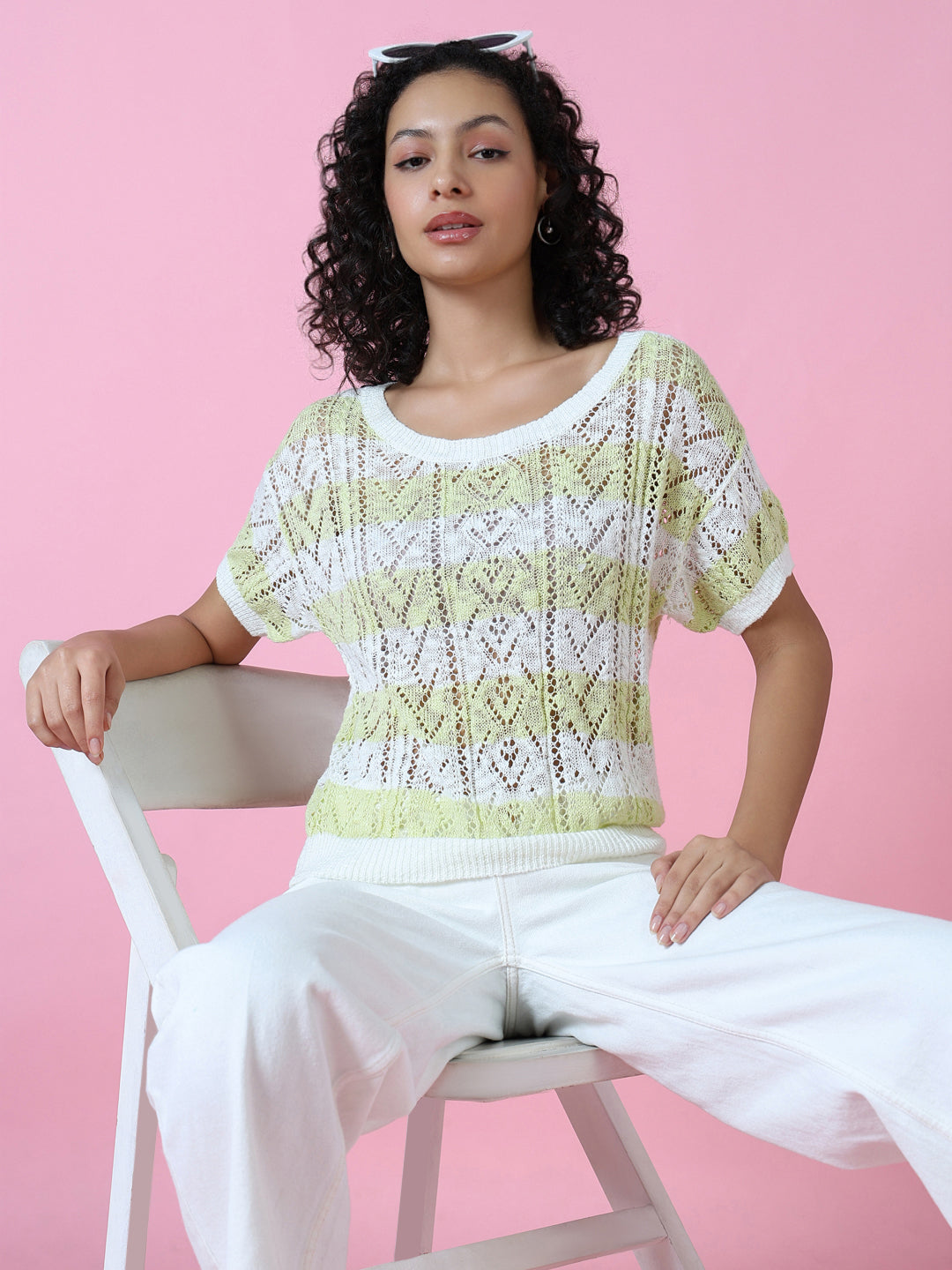 Women Green Striped Crochet Top