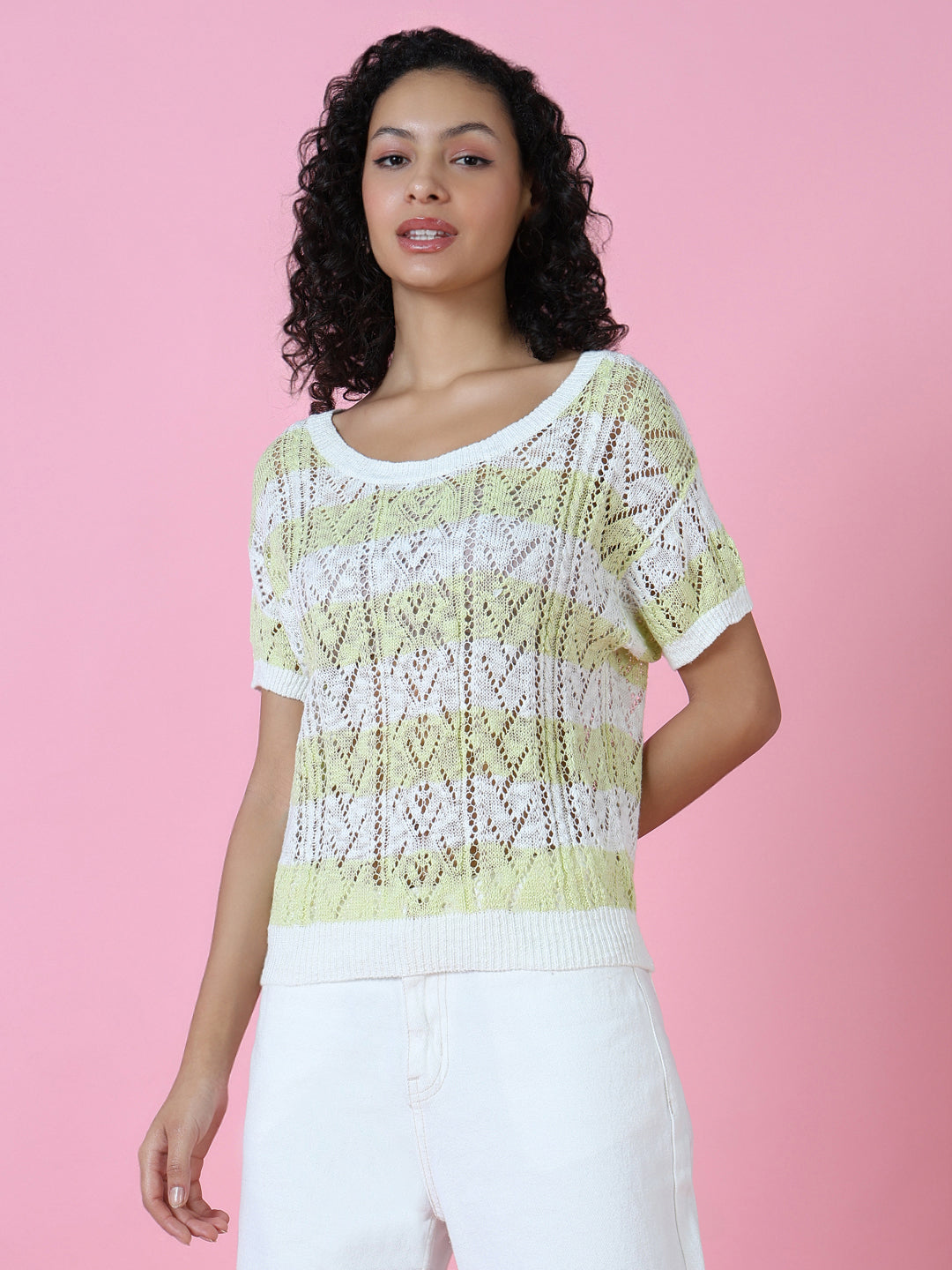 Women Green Striped Crochet Top