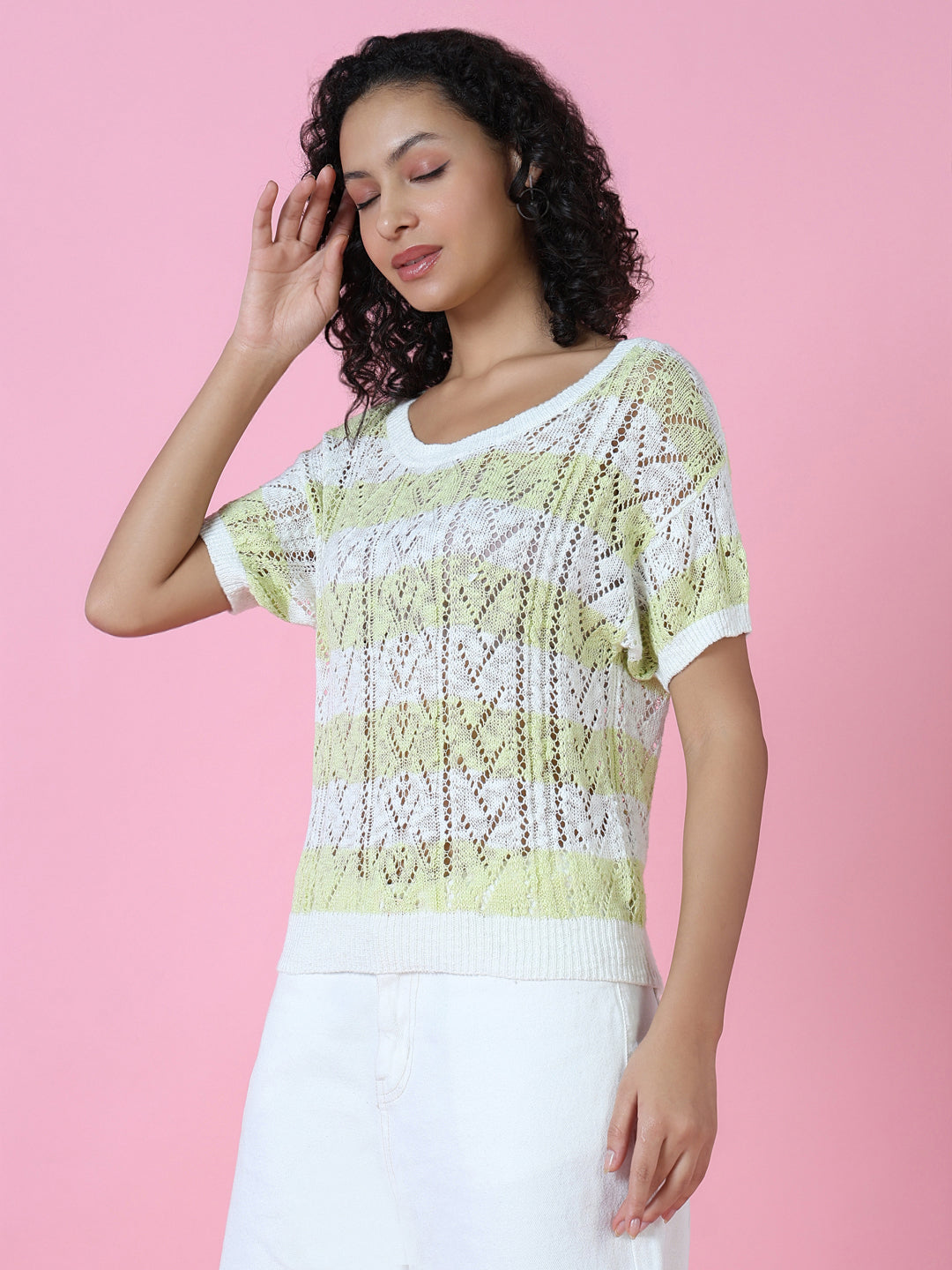 Women Green Striped Crochet Top