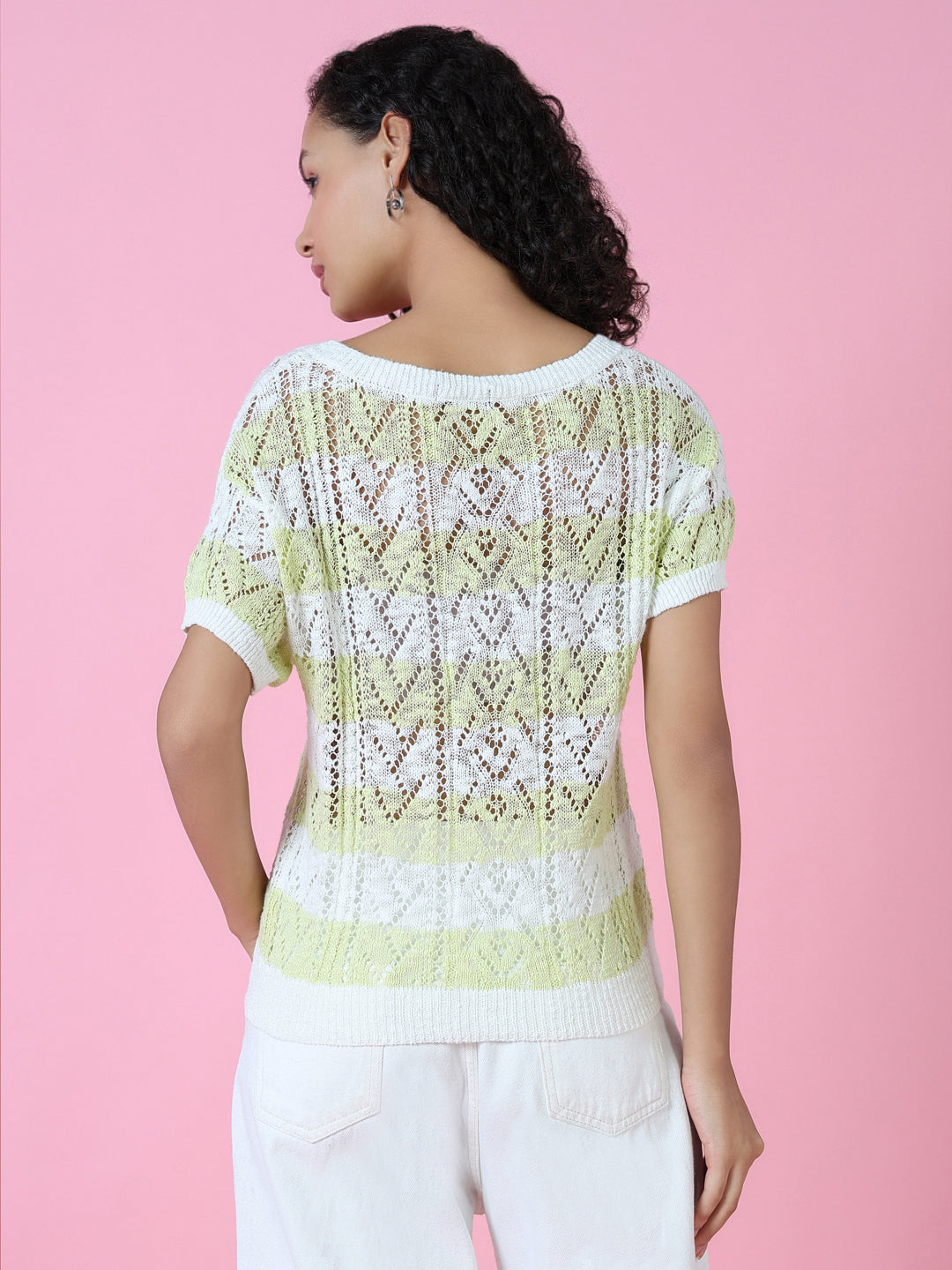 Women Green Striped Crochet Top