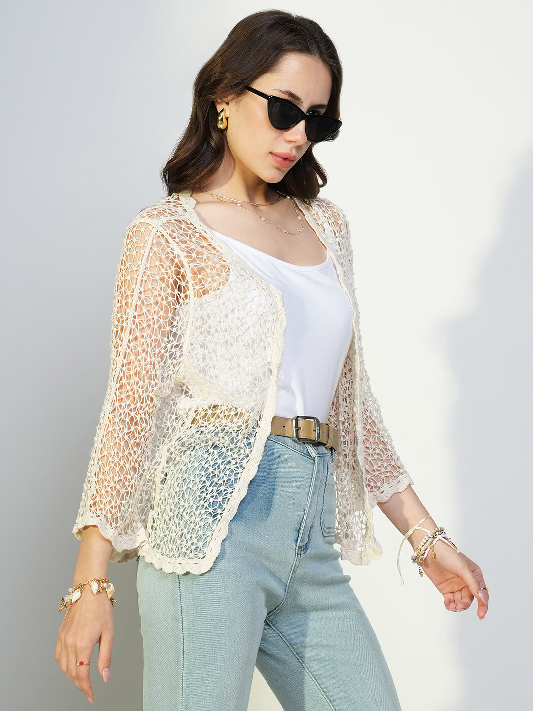 Women Off White Solid Crochet Shrug