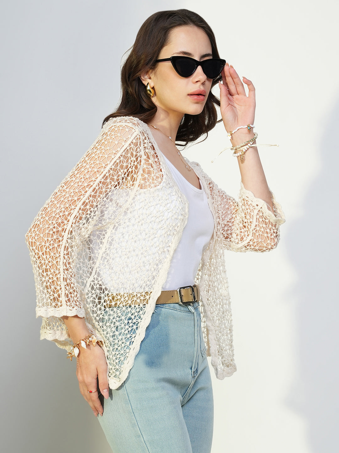 Women Off White Solid Crochet Shrug