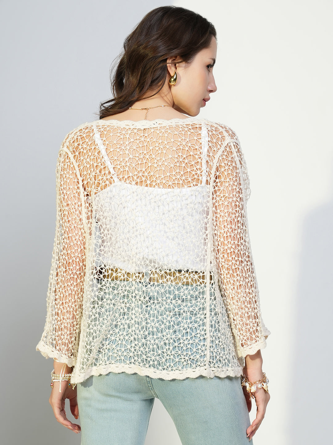 Women Off White Solid Crochet Shrug