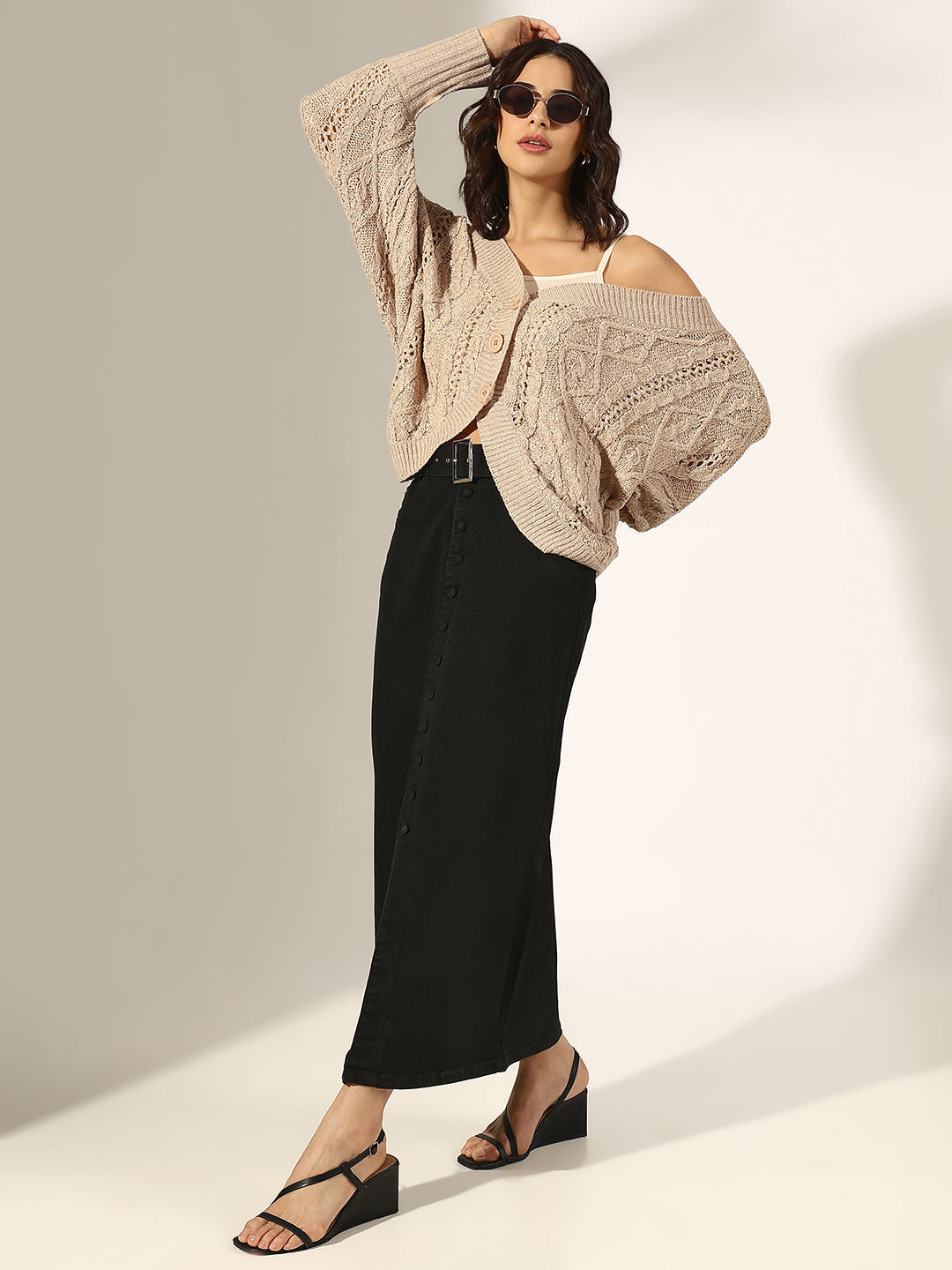 Women's Knitted Beige Button Up Sweater