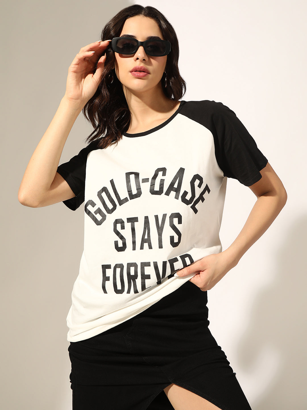 Women's Typography White & Black Raglan Sleeve T-Shirt