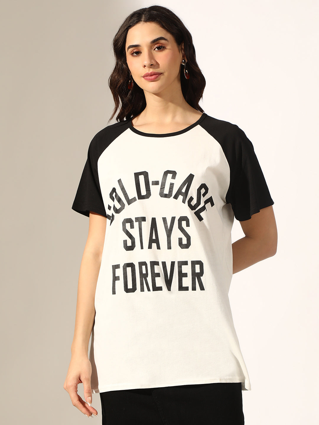 Women's Typography White & Black Raglan Sleeve T-Shirt