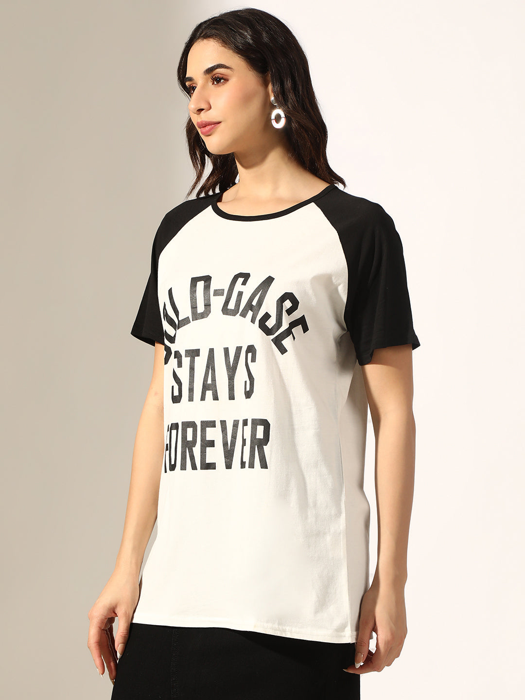 Women's Typography White & Black Raglan Sleeve T-Shirt