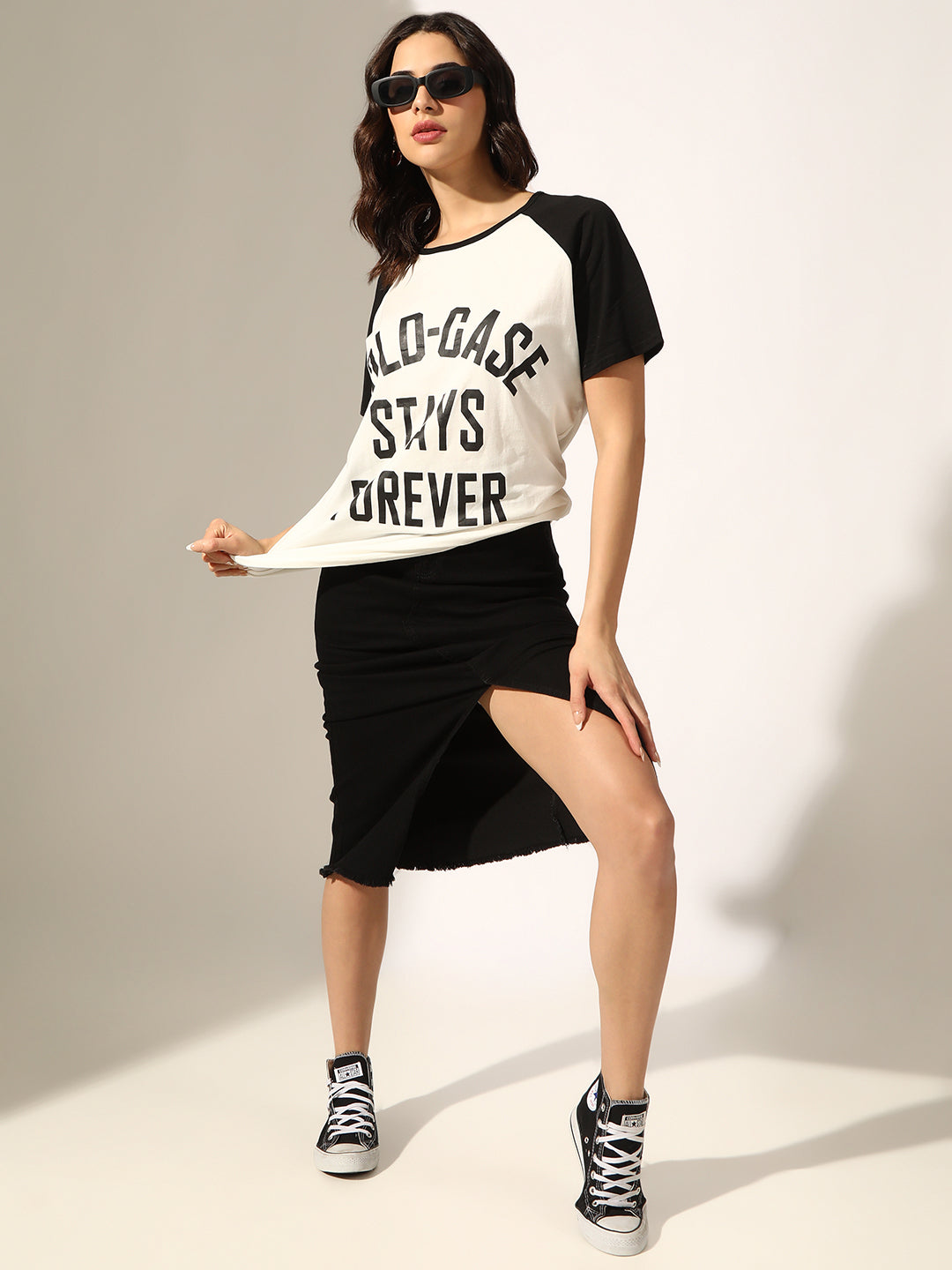 Women's Typography White & Black Raglan Sleeve T-Shirt