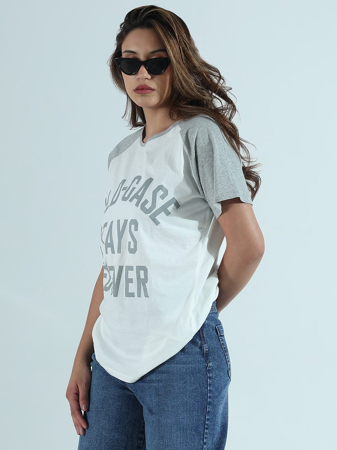 Women's Typography Printed White Relaxed Fit Raglan Sleeves T-Shirt