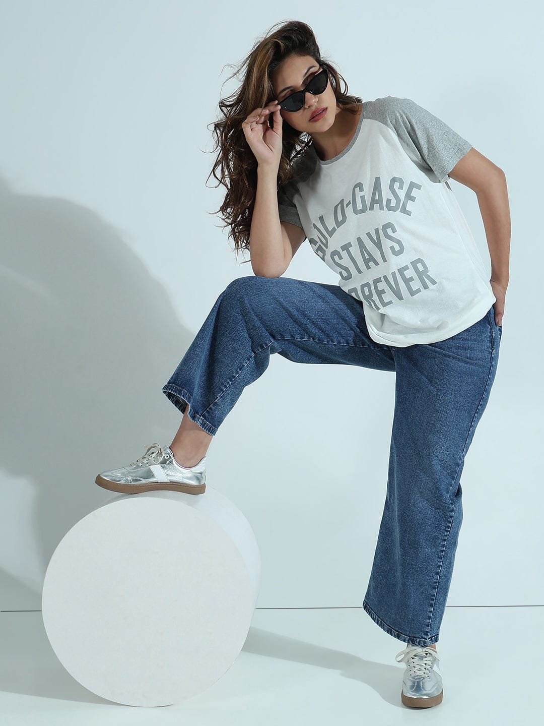 Women's Typography Printed White Relaxed Fit Raglan Sleeves T-Shirt