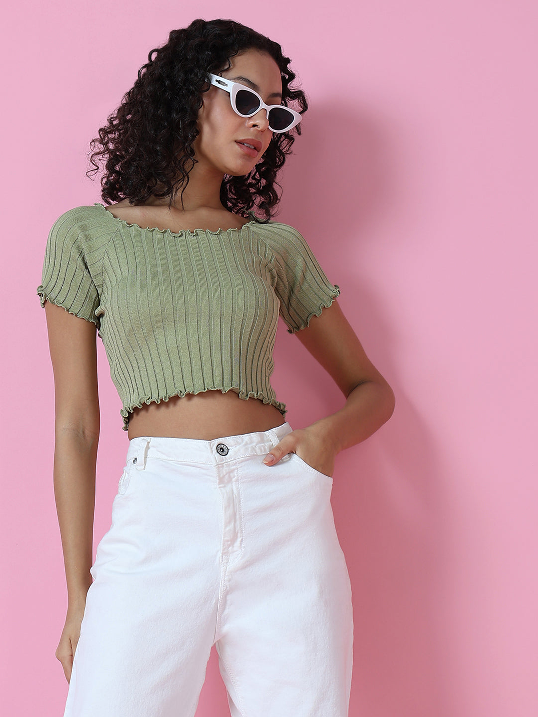 Women Green Solid Crop Top