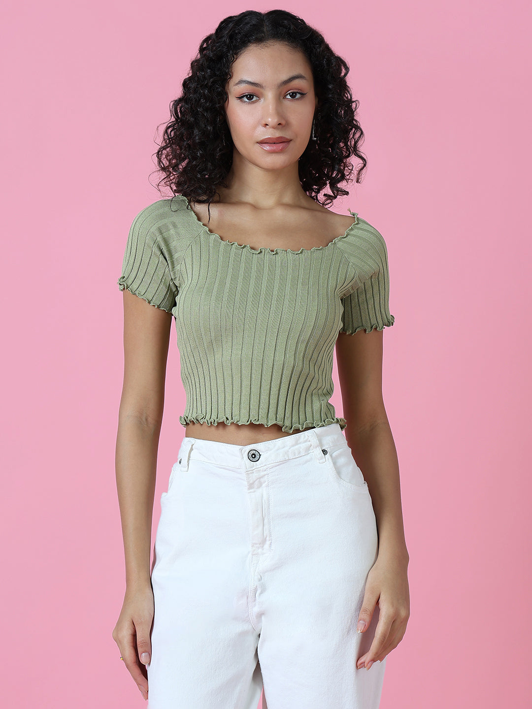 Women Green Solid Crop Top