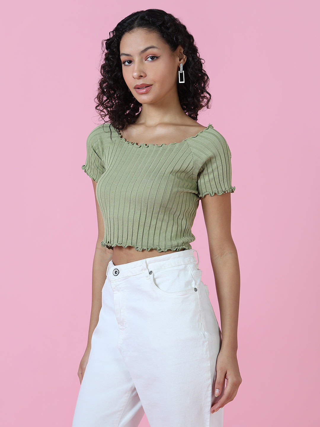 Women Green Solid Crop Top