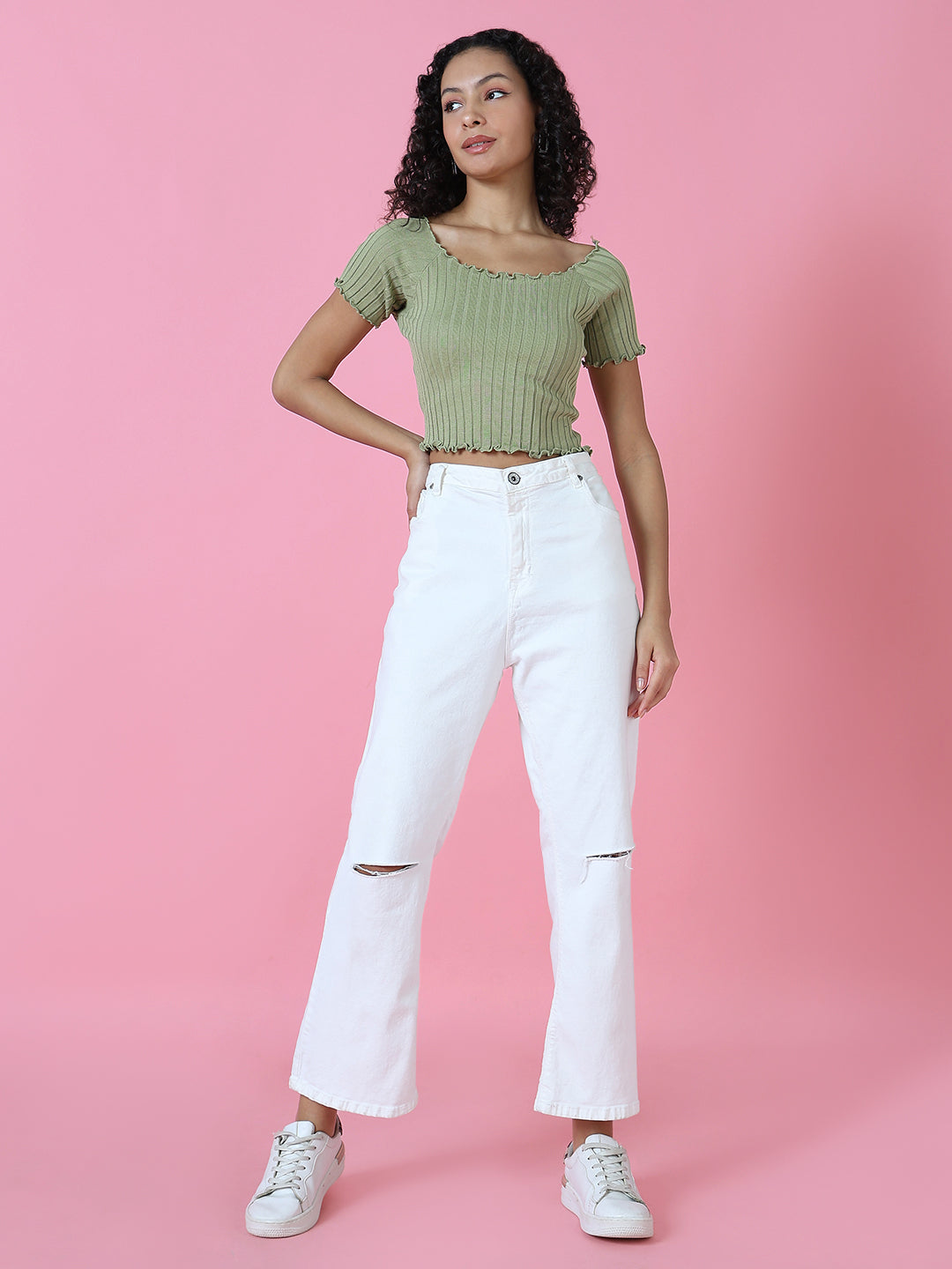 Women Green Solid Crop Top