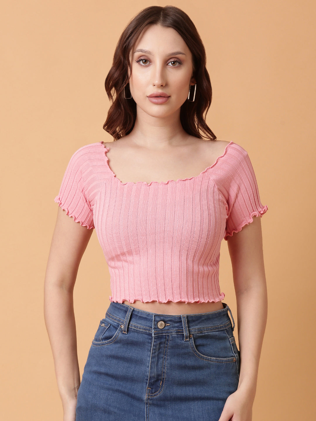 Women Pink Solid Crop Top