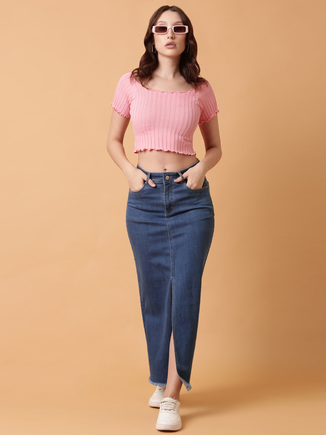 Women Pink Solid Crop Top