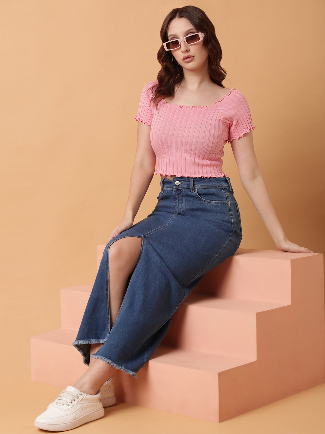 Women Pink Solid Crop Top