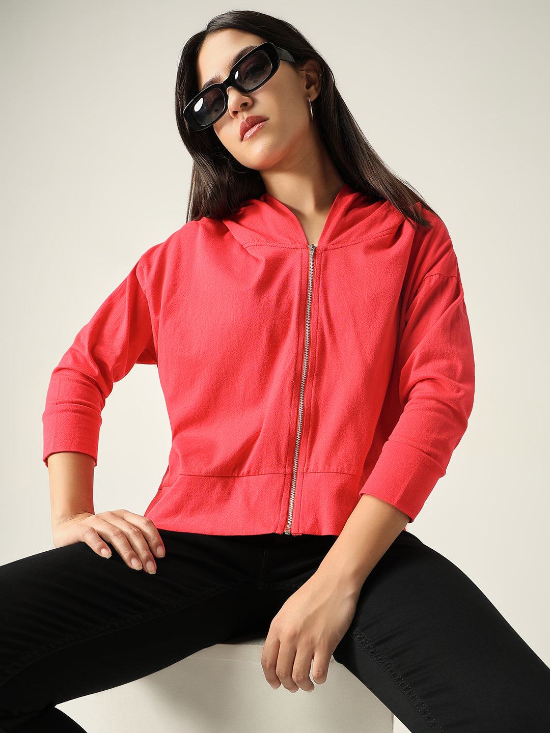 Women Red Solid Hooded Sweatshirt