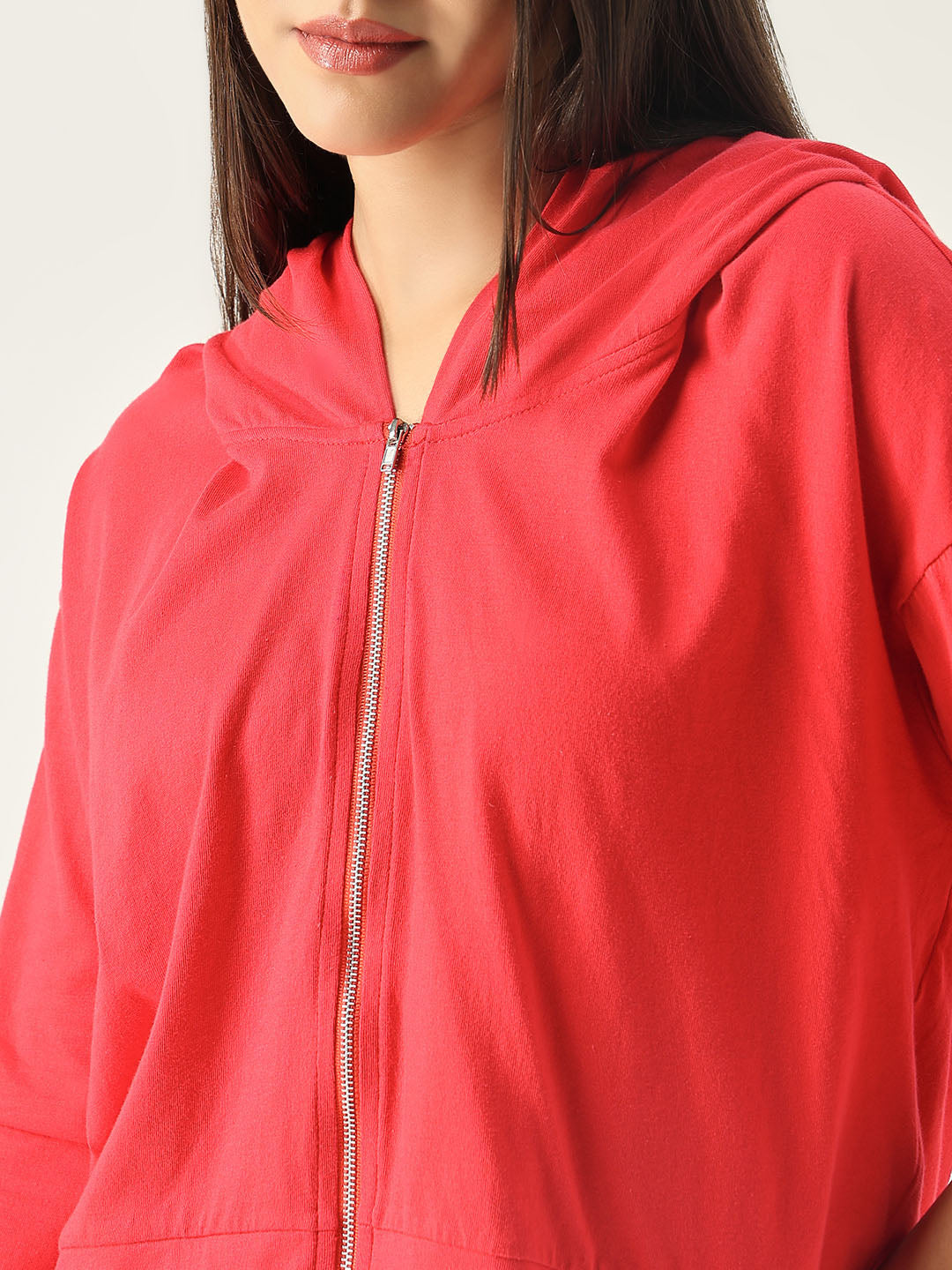 Women Red Solid Hooded Sweatshirt