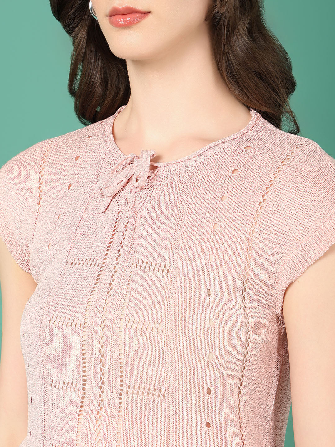 Women Peach Solid Crochet Top